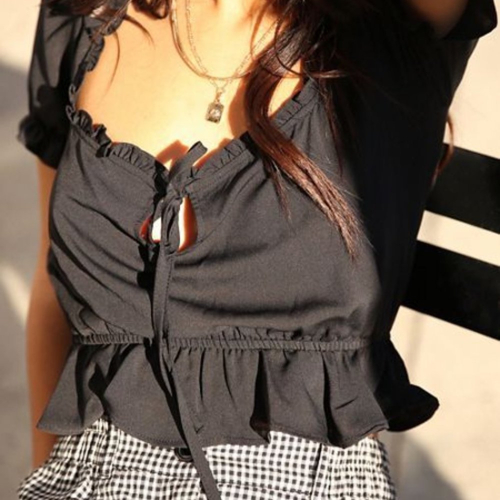 UO Riley Ruffle Tie-Front Blouse (Black)